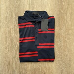 G/FORE Golf Polo Shirt Mens Large Navy Red Offset Stripe "TWLT" Stretch NWT 120$